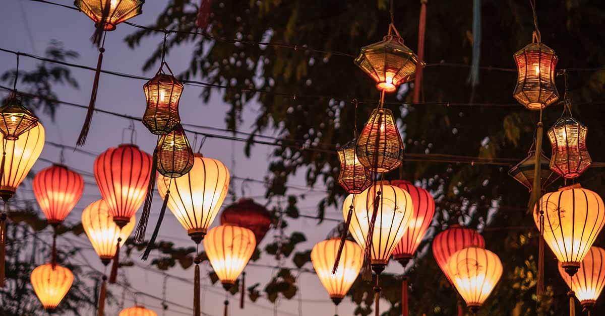 Lanterns lit during blue hour