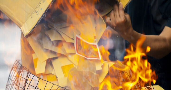 Burning of joss paper during the 7th lunar month in Singapore