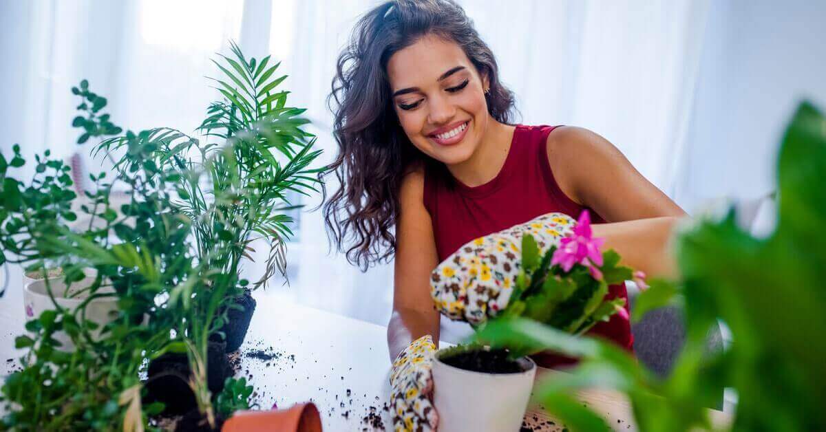 A lady watering her plants at home